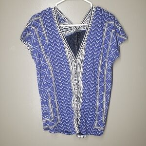 Lucky Brand Womens Chevron Blouse Button Front Blue Size Medium V Neck